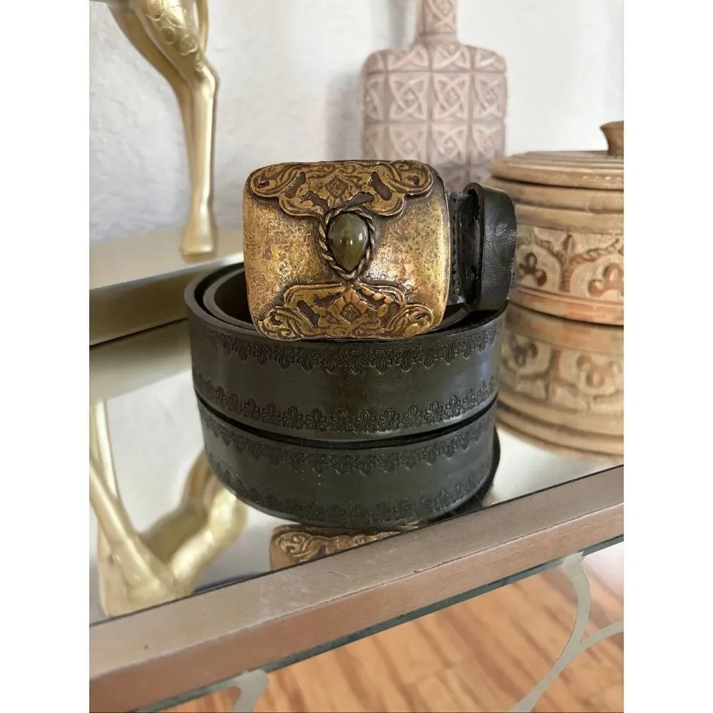 Töpfer Leather Belt with Ornate Jewel Buckle – Deep Dark Green Size 85